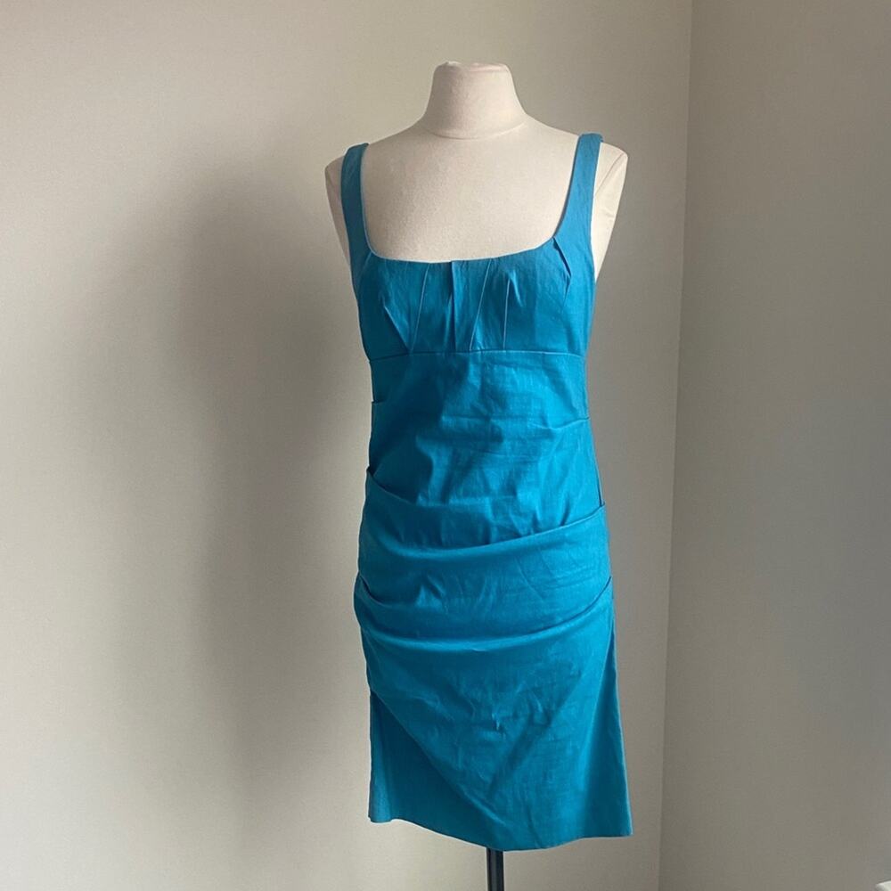 NICOLE MILLER Linen Ruched Shift Dress Womens Sz 12 Blue Turquoise Stretch